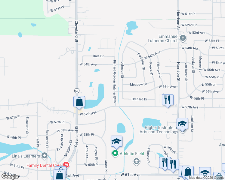 map of restaurants, bars, coffee shops, grocery stores, and more near 5540 Grant Street in Merrillville