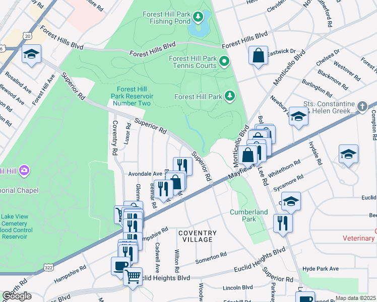 map of restaurants, bars, coffee shops, grocery stores, and more near 14148 Superior Road in Cleveland Heights