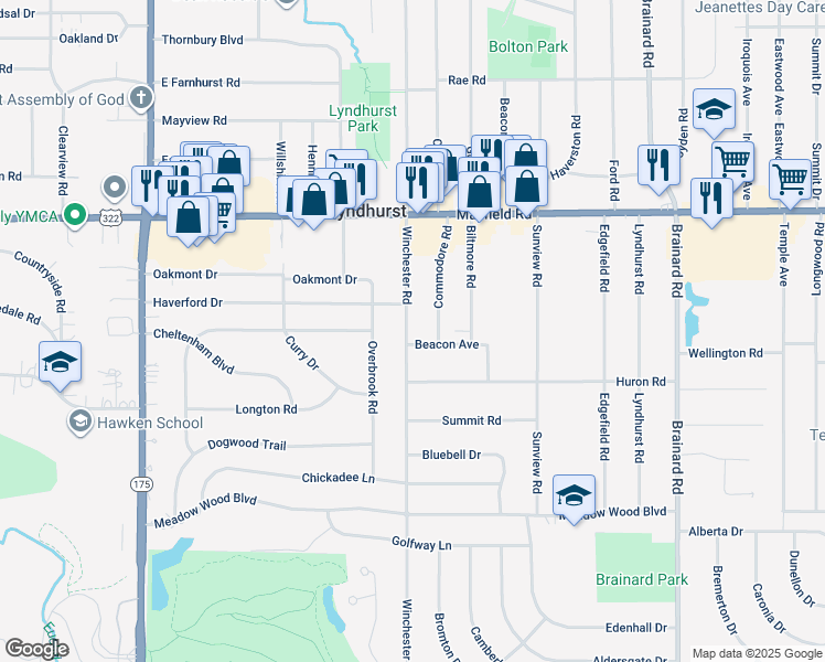 map of restaurants, bars, coffee shops, grocery stores, and more near 1576 Winchester Road in Lyndhurst
