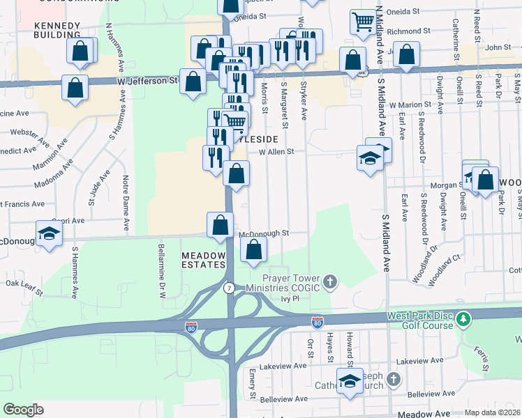 map of restaurants, bars, coffee shops, grocery stores, and more near 311 Morris Street in Joliet