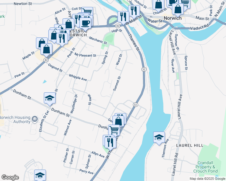 map of restaurants, bars, coffee shops, grocery stores, and more near 193 Summit Street in Norwich