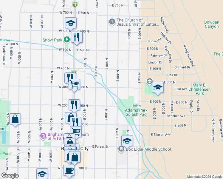 map of restaurants, bars, coffee shops, grocery stores, and more near 320 East 300 North in Brigham City