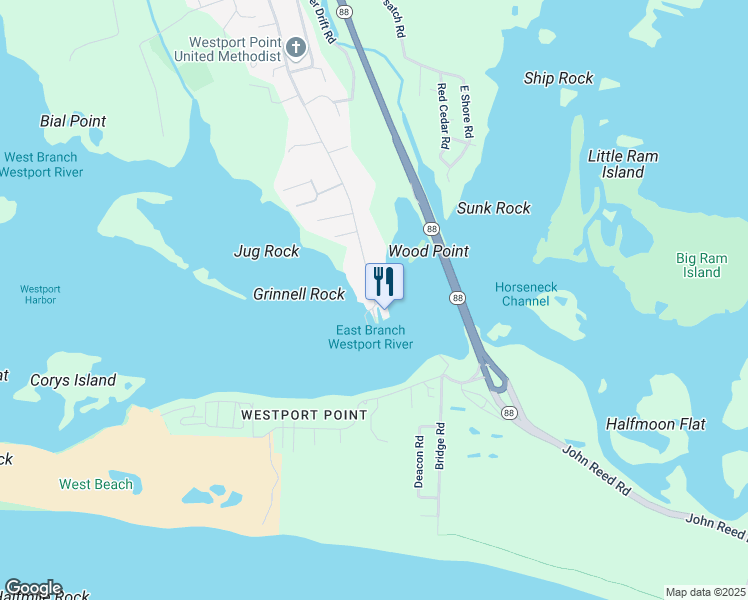 map of restaurants, bars, coffee shops, grocery stores, and more near 2065 Main Road in Westport