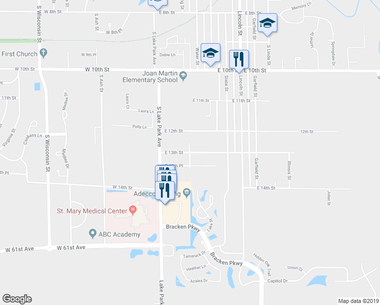 map of restaurants, bars, coffee shops, grocery stores, and more near 201 East 13th Street in Hobart
