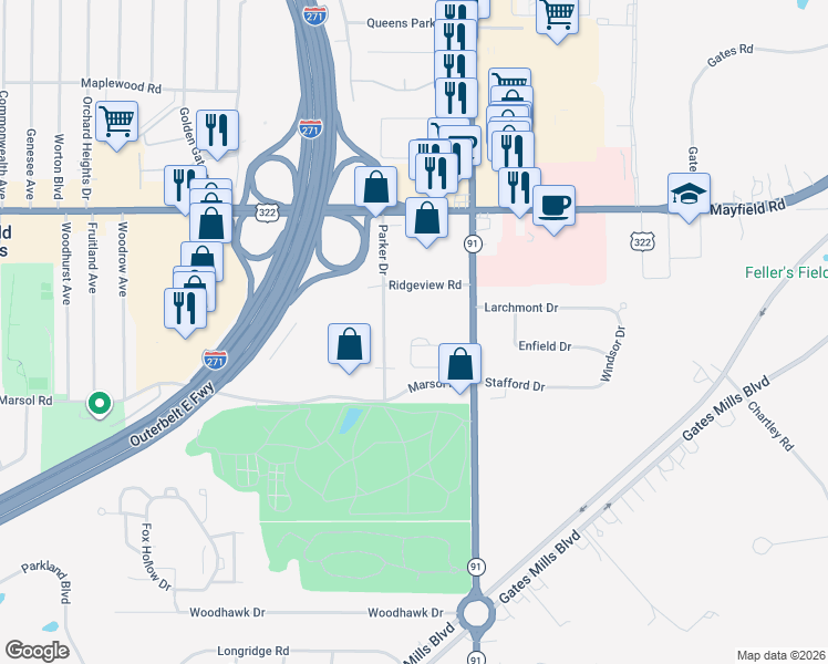 map of restaurants, bars, coffee shops, grocery stores, and more near 231 Rosebury Court in Cleveland