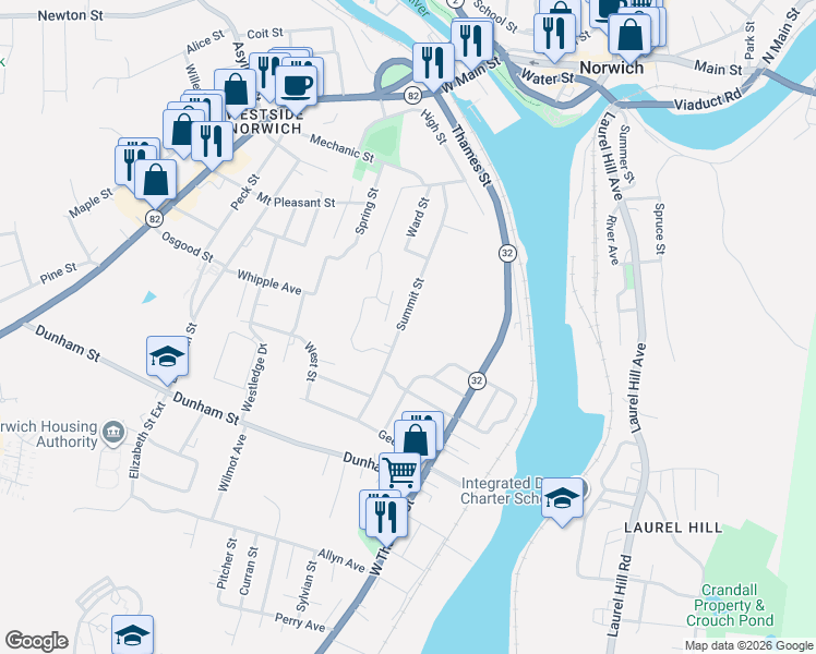 map of restaurants, bars, coffee shops, grocery stores, and more near 144 Summit Street in Norwich