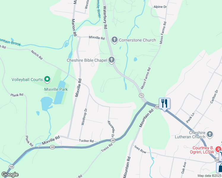 map of restaurants, bars, coffee shops, grocery stores, and more near 13 Woodridge Drive in Cheshire