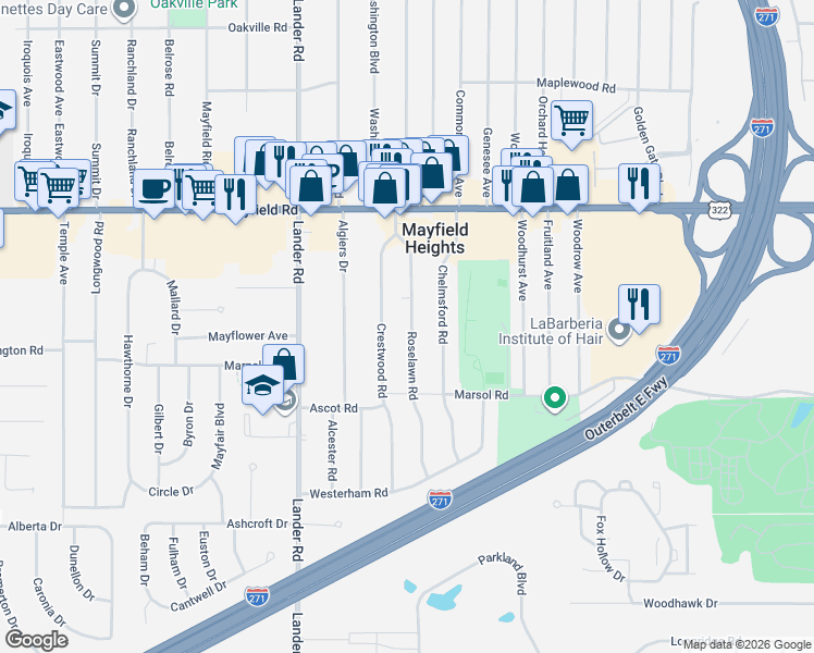 map of restaurants, bars, coffee shops, grocery stores, and more near 1592 Roselawn Road in Mayfield Heights