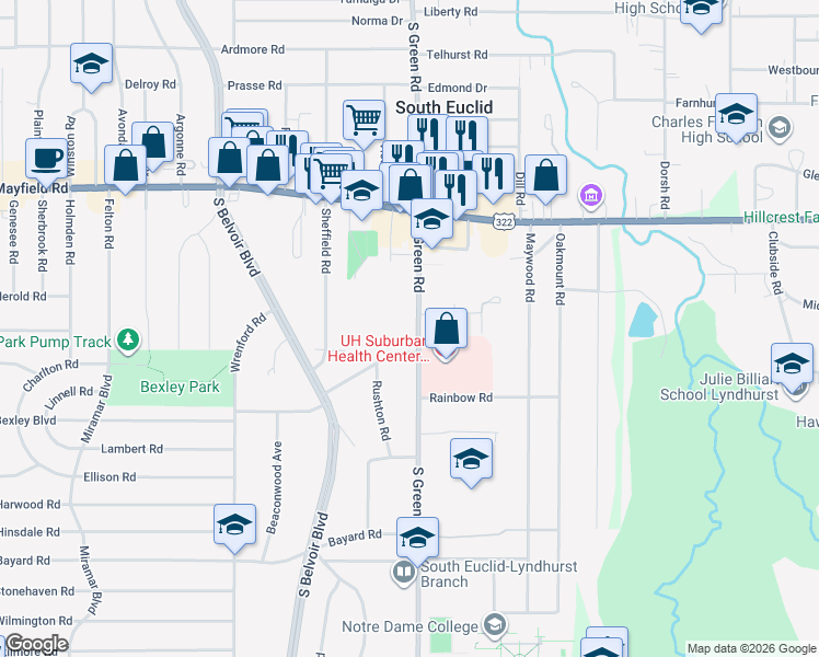 map of restaurants, bars, coffee shops, grocery stores, and more near 1568 South Green Road in South Euclid