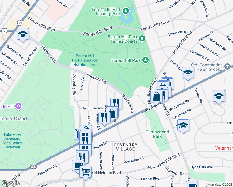 map of restaurants, bars, coffee shops, grocery stores, and more near 14140 Superior Road in East Cleveland