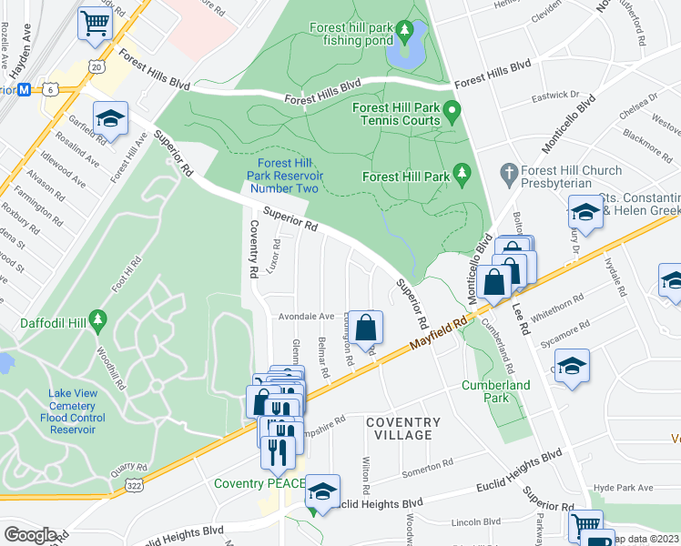 map of restaurants, bars, coffee shops, grocery stores, and more near 1537 Belmar Road in East Cleveland