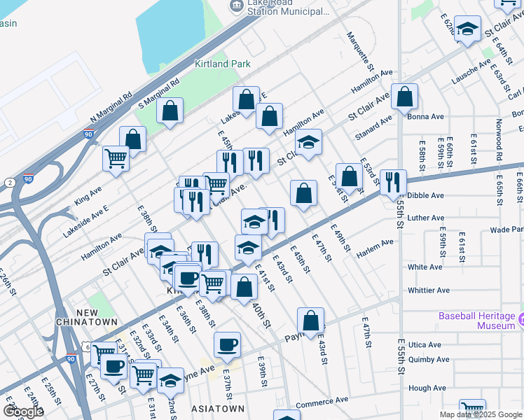 map of restaurants, bars, coffee shops, grocery stores, and more near 1387 East 45th Street in Cleveland