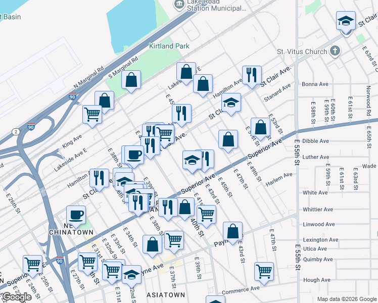 map of restaurants, bars, coffee shops, grocery stores, and more near 1365 East 43rd Street in Cleveland