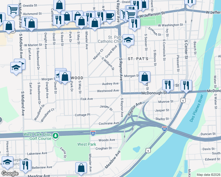 map of restaurants, bars, coffee shops, grocery stores, and more near 818 Audrey Avenue in Joliet