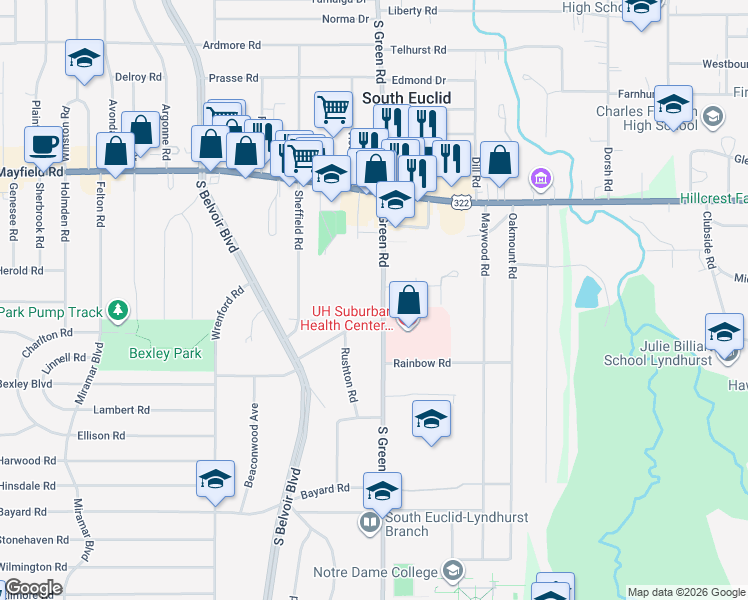 map of restaurants, bars, coffee shops, grocery stores, and more near 1568 South Green Road in South Euclid