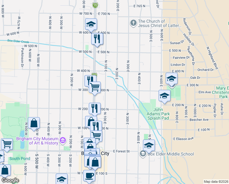 map of restaurants, bars, coffee shops, grocery stores, and more near 277 North 200 East in Brigham City