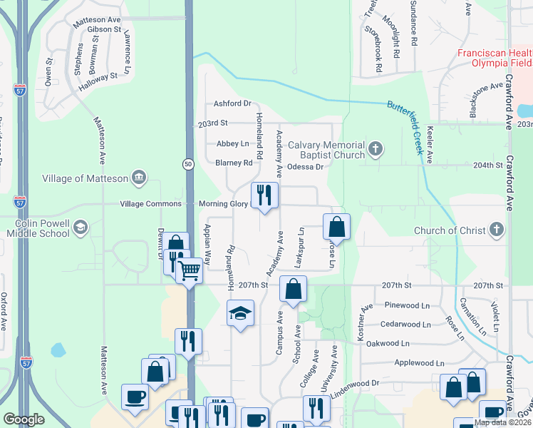 map of restaurants, bars, coffee shops, grocery stores, and more near 4601 Morning Glory Drive in Matteson