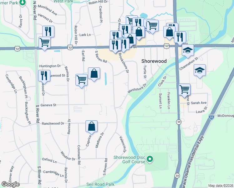 map of restaurants, bars, coffee shops, grocery stores, and more near 511 South Raven Road in Shorewood