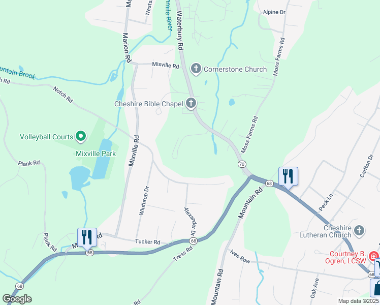 map of restaurants, bars, coffee shops, grocery stores, and more near 13 Woodridge Drive in Cheshire