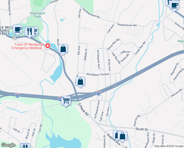 map of restaurants, bars, coffee shops, grocery stores, and more near 8 Wenmar Drive in Newburgh