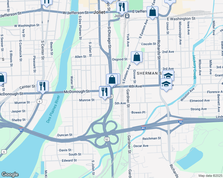 map of restaurants, bars, coffee shops, grocery stores, and more near 414 South Chicago Street in Joliet