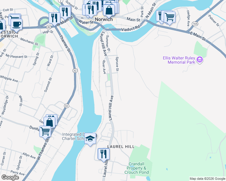 map of restaurants, bars, coffee shops, grocery stores, and more near 198 Laurel Hill Avenue in Norwich
