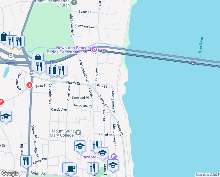 map of restaurants, bars, coffee shops, grocery stores, and more near 13 Park Place in Newburgh