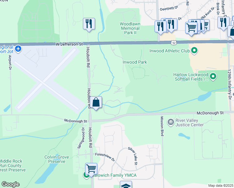 map of restaurants, bars, coffee shops, grocery stores, and more near 3400 Wells Way in Joliet