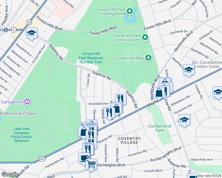 map of restaurants, bars, coffee shops, grocery stores, and more near Eddington Road in Cleveland
