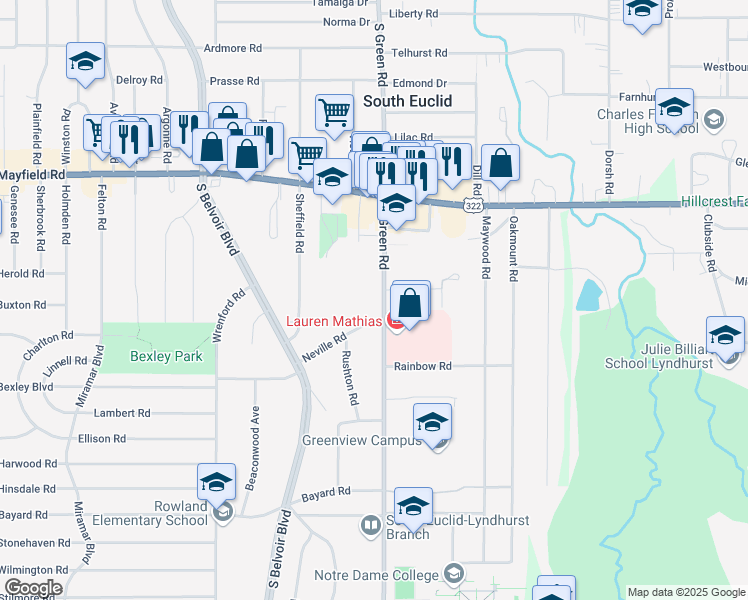 map of restaurants, bars, coffee shops, grocery stores, and more near 1568 South Green Road in South Euclid