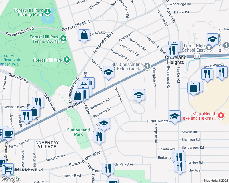 map of restaurants, bars, coffee shops, grocery stores, and more near in Cleveland Heights