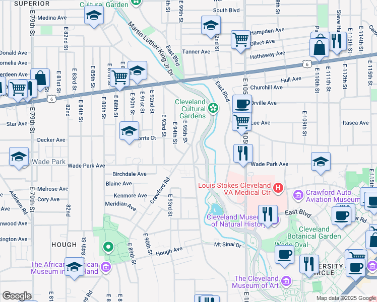 map of restaurants, bars, coffee shops, grocery stores, and more near 1445 East 94th Street in Cleveland