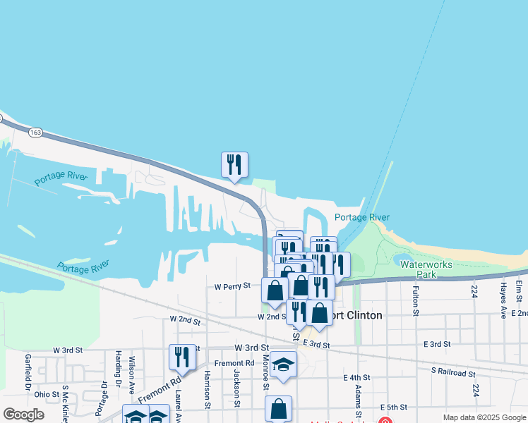 map of restaurants, bars, coffee shops, grocery stores, and more near 214 West Lakeshore Drive in Port Clinton