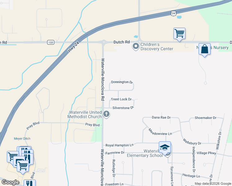 map of restaurants, bars, coffee shops, grocery stores, and more near 8104 Bridgehampton Drive in Waterville