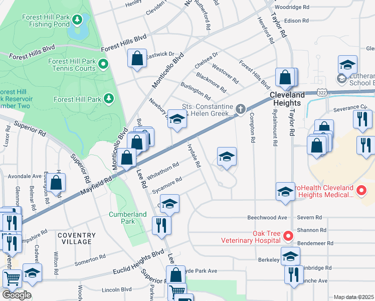 map of restaurants, bars, coffee shops, grocery stores, and more near in Cleveland Heights