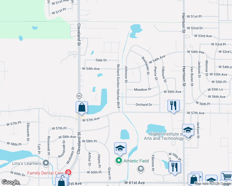 map of restaurants, bars, coffee shops, grocery stores, and more near 5540 Grant Street in Merrillville
