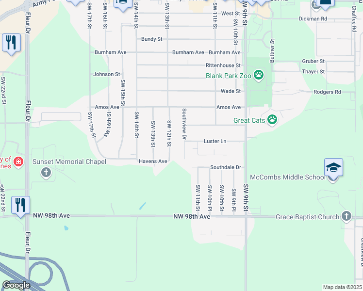 map of restaurants, bars, coffee shops, grocery stores, and more near 7440 Southview Drive in Des Moines