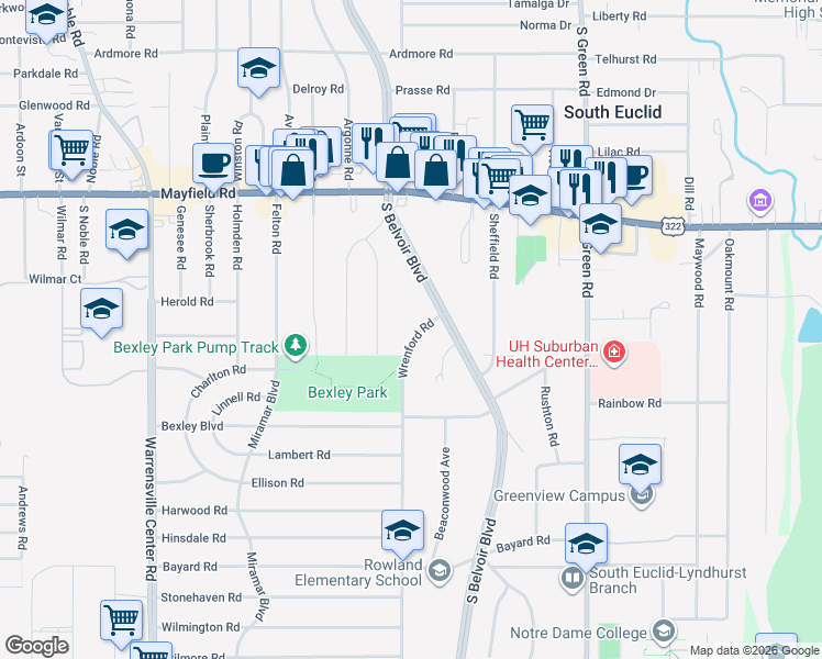 map of restaurants, bars, coffee shops, grocery stores, and more near 1590 Wrenford Road in South Euclid