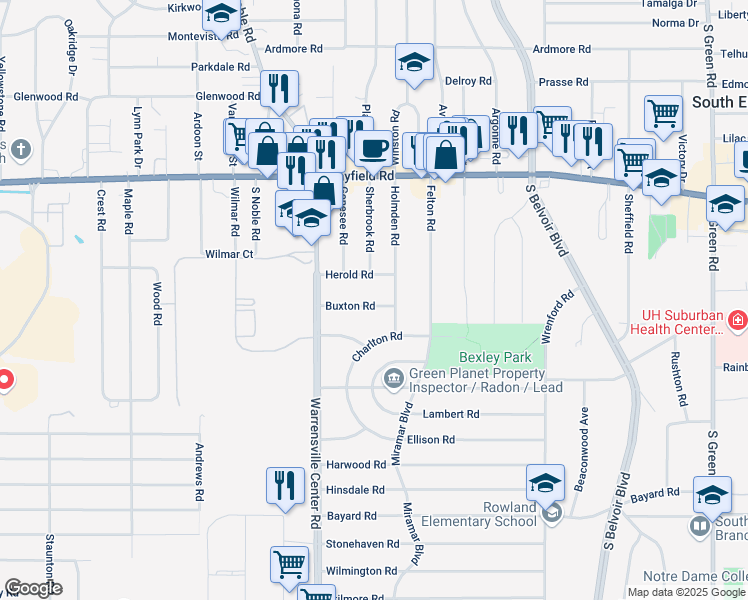 map of restaurants, bars, coffee shops, grocery stores, and more near 4059 Buxton Road in South Euclid