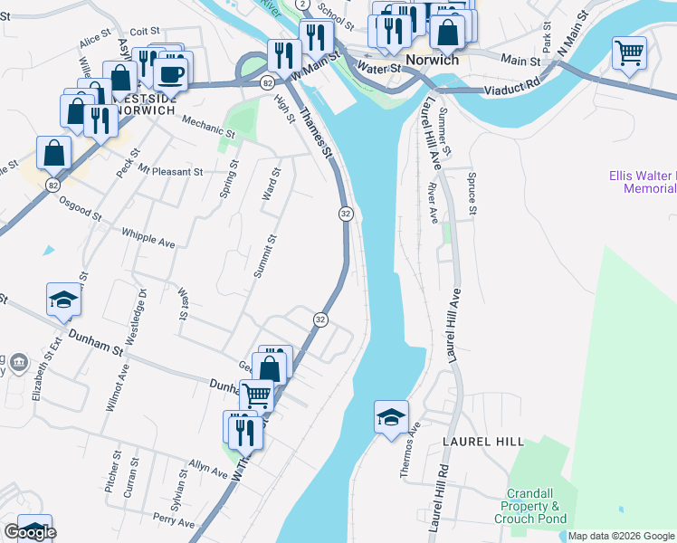 map of restaurants, bars, coffee shops, grocery stores, and more near 51 West Thames Street in Norwich