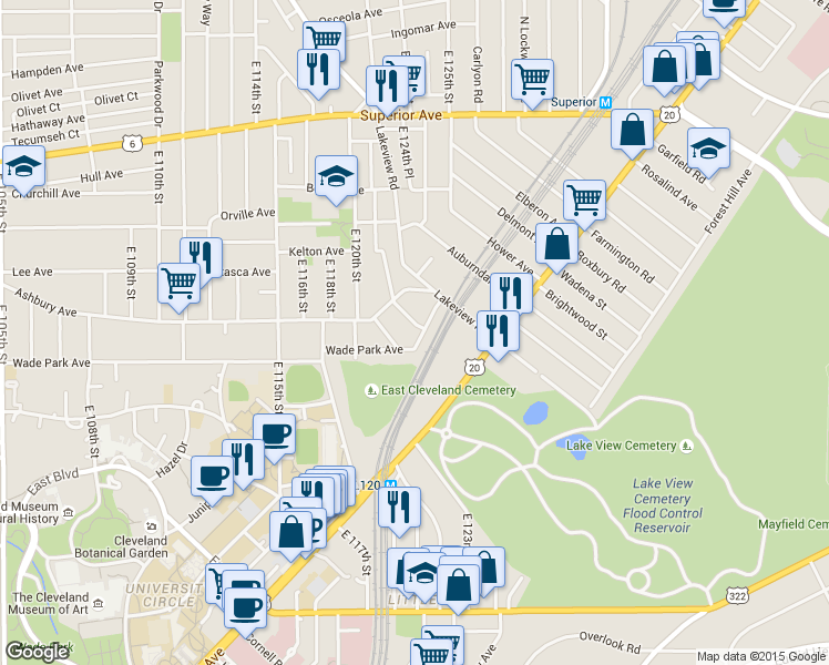 map of restaurants, bars, coffee shops, grocery stores, and more near 12231 Wade Park Ave in Cleveland