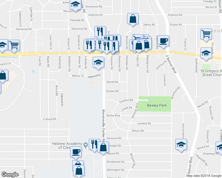 map of restaurants, bars, coffee shops, grocery stores, and more near 4017 Buxton Road in South Euclid