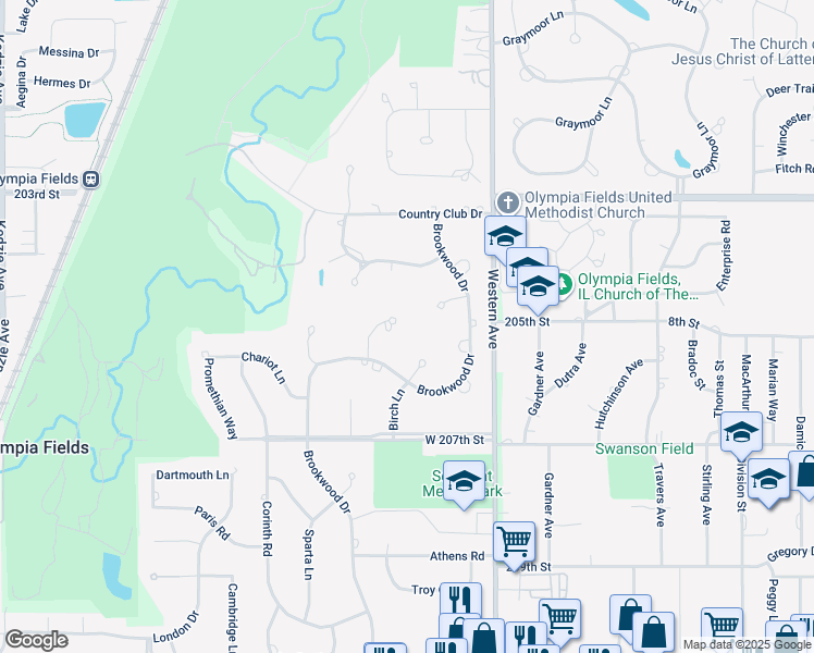 map of restaurants, bars, coffee shops, grocery stores, and more near 717 Brookwood Terrace in Olympia Fields