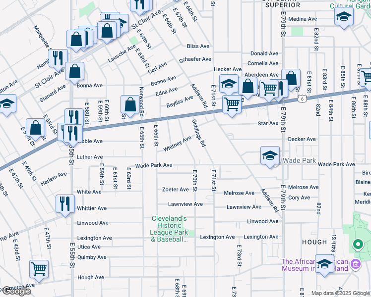 map of restaurants, bars, coffee shops, grocery stores, and more near 1372 Russell Road in Cleveland