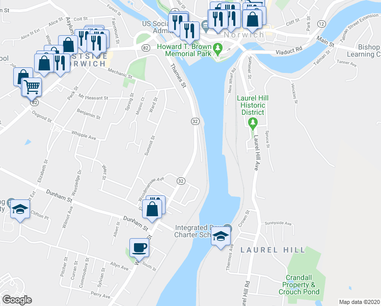 map of restaurants, bars, coffee shops, grocery stores, and more near 51 West Thames Street in Norwich