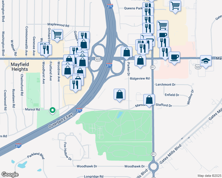 map of restaurants, bars, coffee shops, grocery stores, and more near 6505 Marsol Road in Mayfield Heights