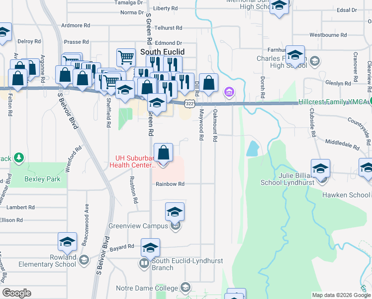 map of restaurants, bars, coffee shops, grocery stores, and more near 1556 Novicky Court in South Euclid