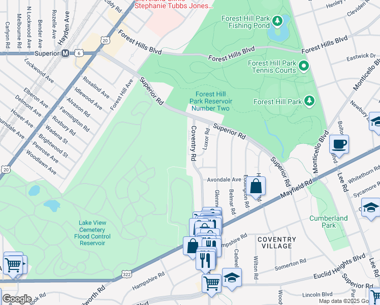 map of restaurants, bars, coffee shops, grocery stores, and more near 1566 Coventry Road in East Cleveland