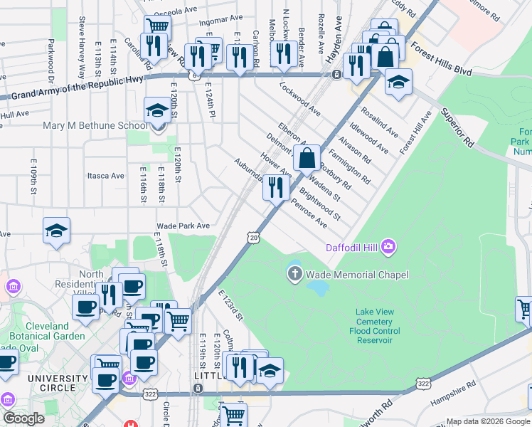 map of restaurants, bars, coffee shops, grocery stores, and more near in East Cleveland