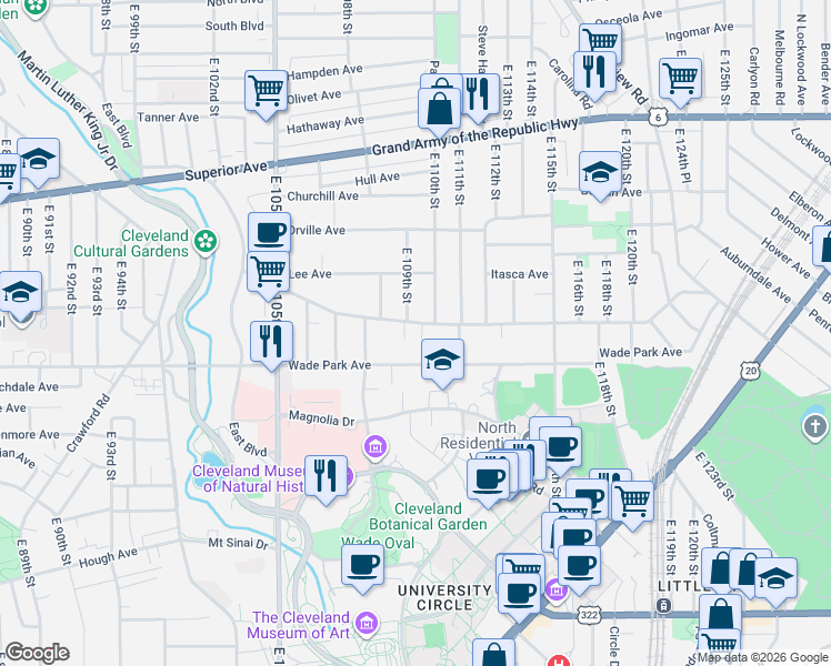 map of restaurants, bars, coffee shops, grocery stores, and more near 10838 Ashbury Avenue in Cleveland